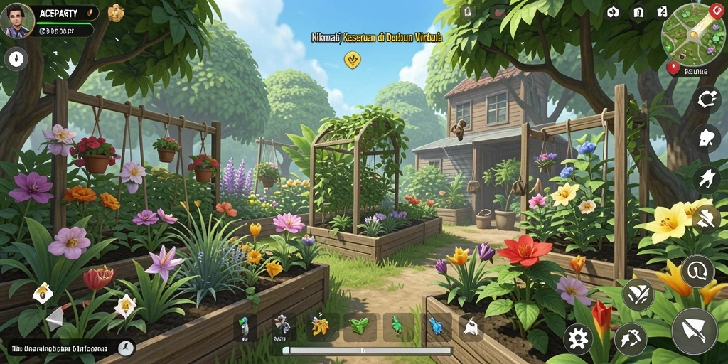 Screenshot utama ACEPARTY menampilkan kebun yang indah dengan beragam tanaman.