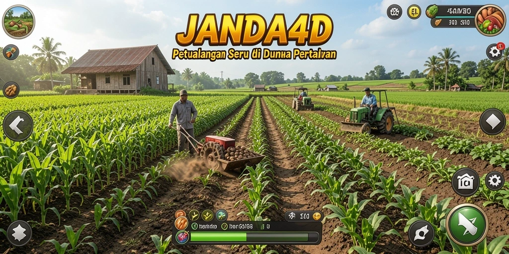 Screenshot gameplay JANDA4D yang menampilkan pertanian yang subur dan aktif.
