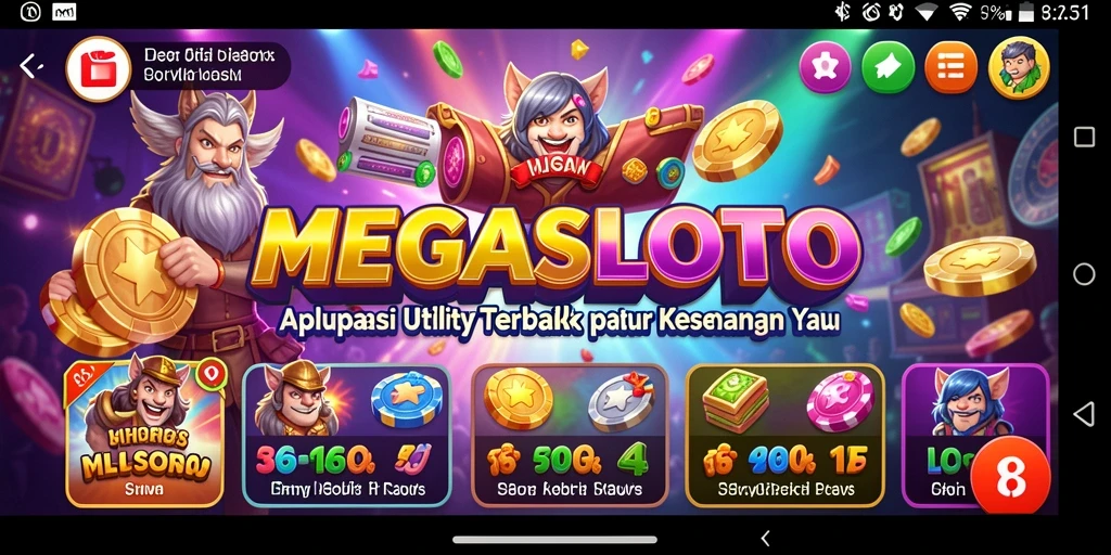 Tampilan screenshot utama MEGASLOTO yang menampilkan gameplay berwarna-warni dan interaktif.
