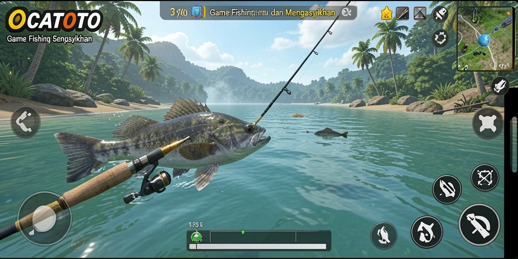Screenshot OCATOTO menampilkan pemain sedang memancing dengan suasana alam yang indah.