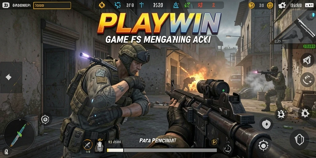 Screenshot utama menunjukkan aksi intens di dalam game FPS PLAYWIN.