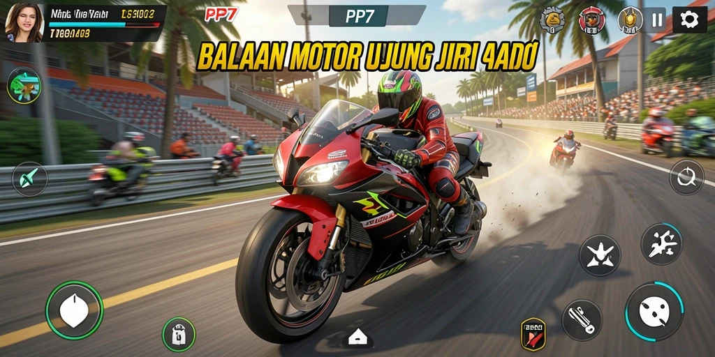 Tampilan gameplay PP7 dengan balapan motor yang mendebarkan.