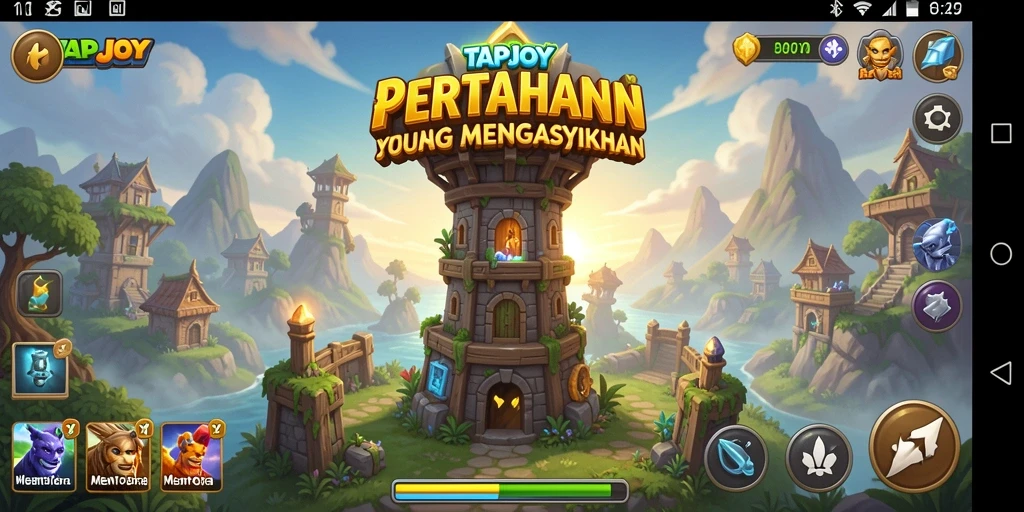 Screenshot menunjukkan gameplay Tower Defense yang menegangkan di TAPJOY.