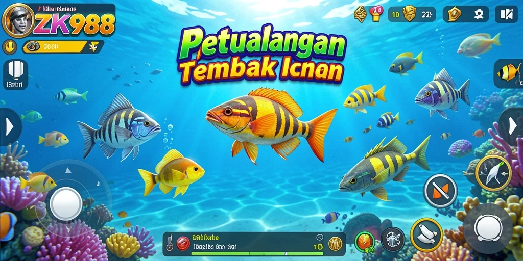 Tampilan aksi seru di ZK988 saat menembak ikan di bawah laut.